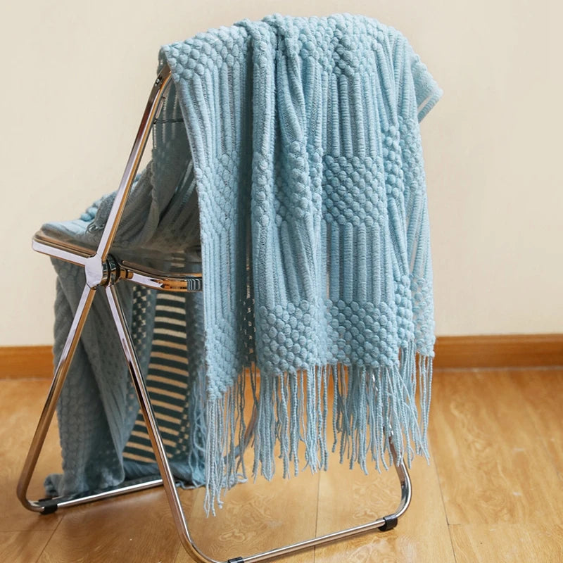 Dark Green Vintage Knit Tassel Throw Blanket