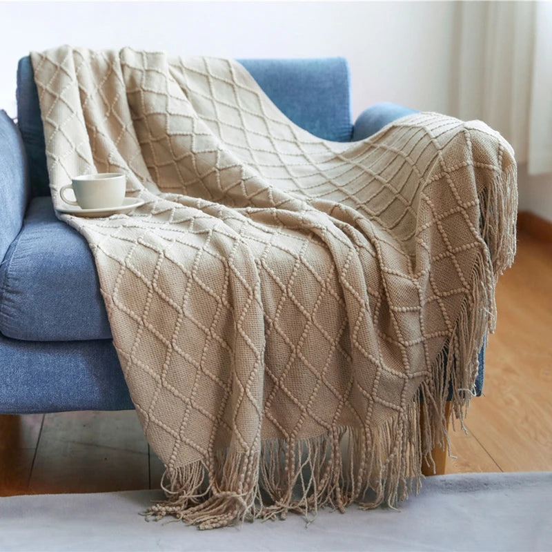 Dark Green Vintage Knit Tassel Throw Blanket