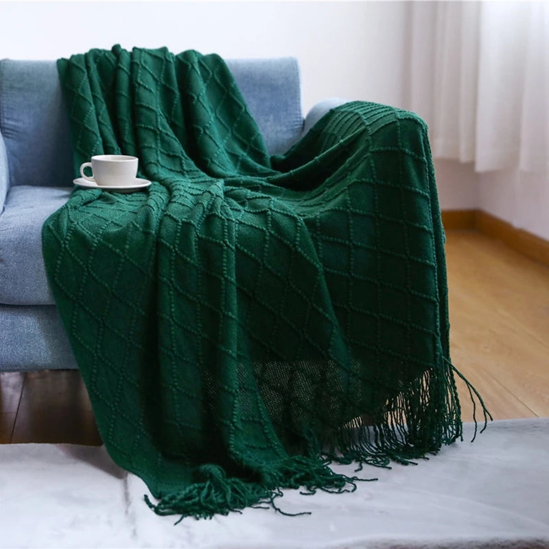 Dark Green Vintage Knit Tassel Throw Blanket
