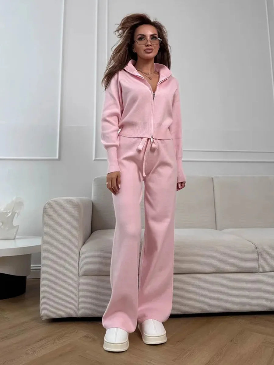 Soft Knit Zip Cardigan & Wide-Leg Pants Set