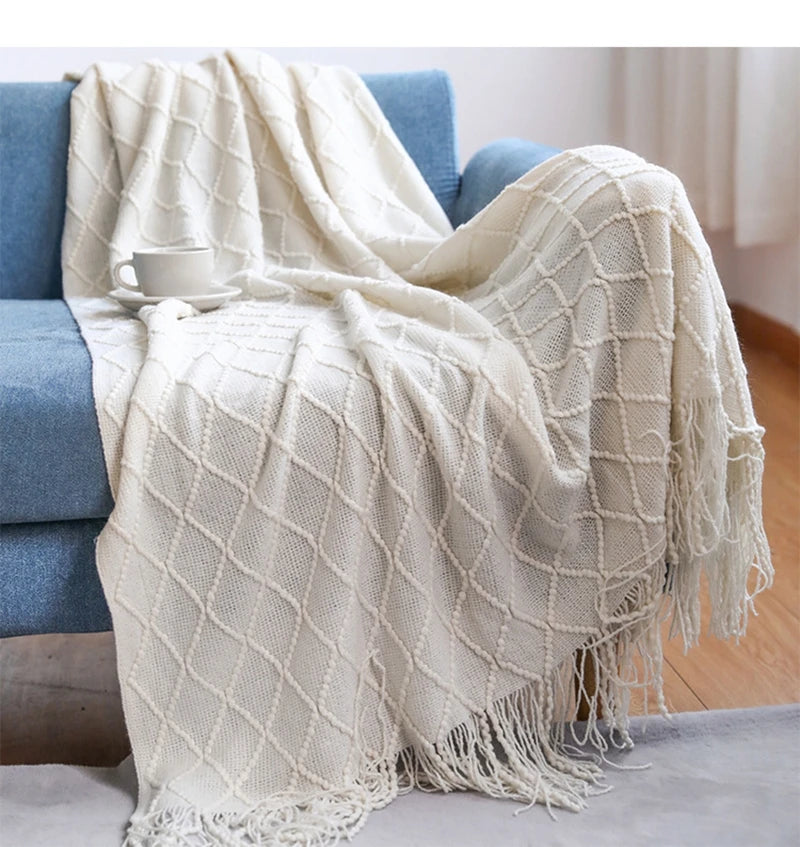 Textured Boho Knit Tassel Throw Blanket