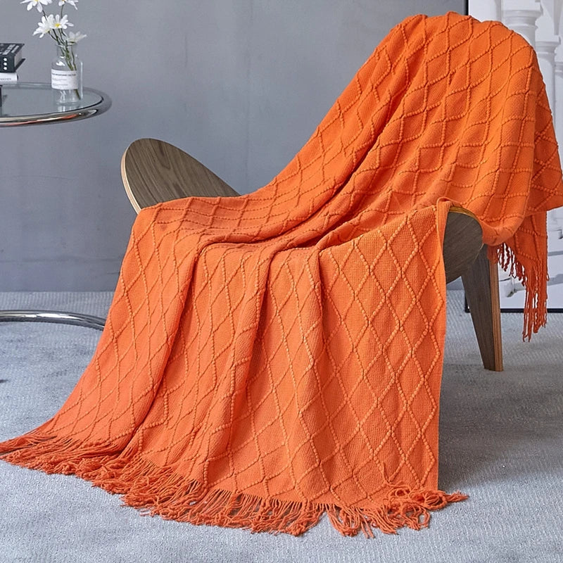 Dark Green Vintage Knit Tassel Throw Blanket