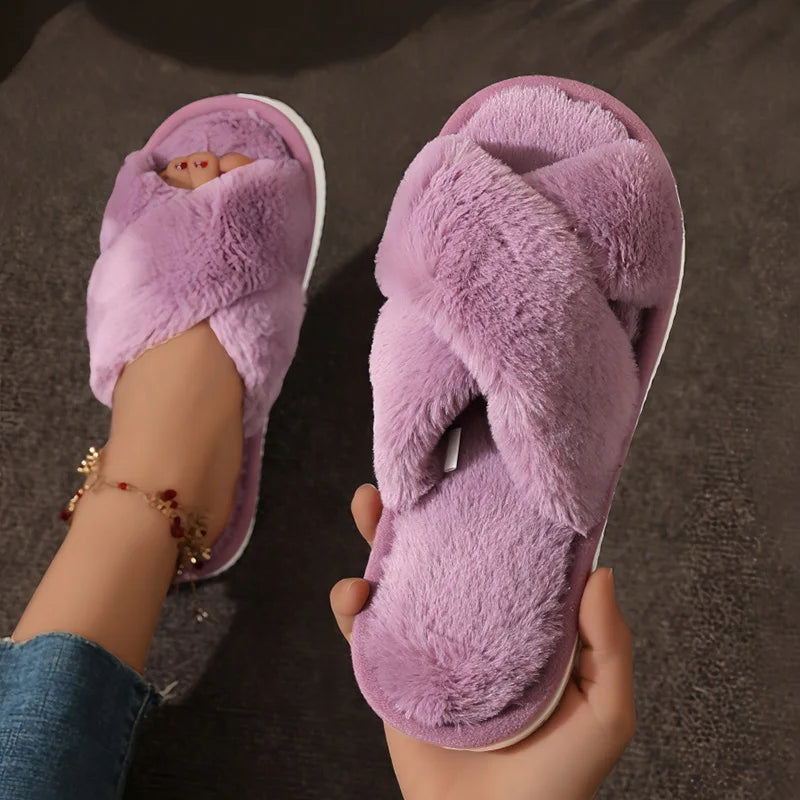 Cross-Strap Faux Fur Slippers