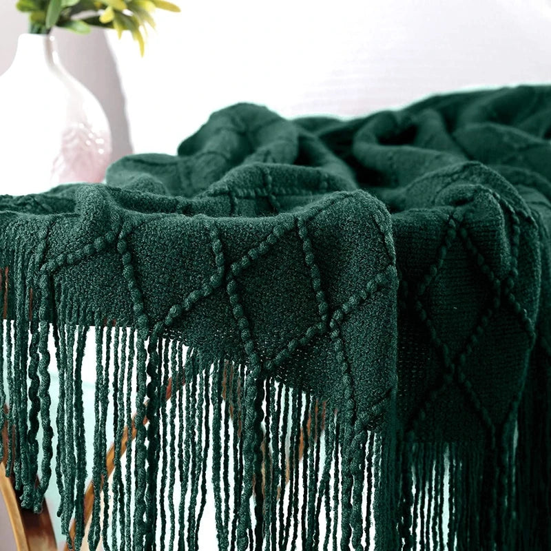 Dark Green Vintage Knit Tassel Throw Blanket