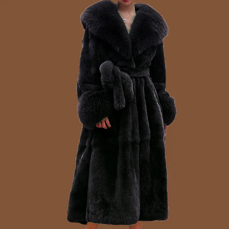 LaVirella Women's Faux Fox Fur Collar Long Coat – Warm Elegant Winter Outerwear