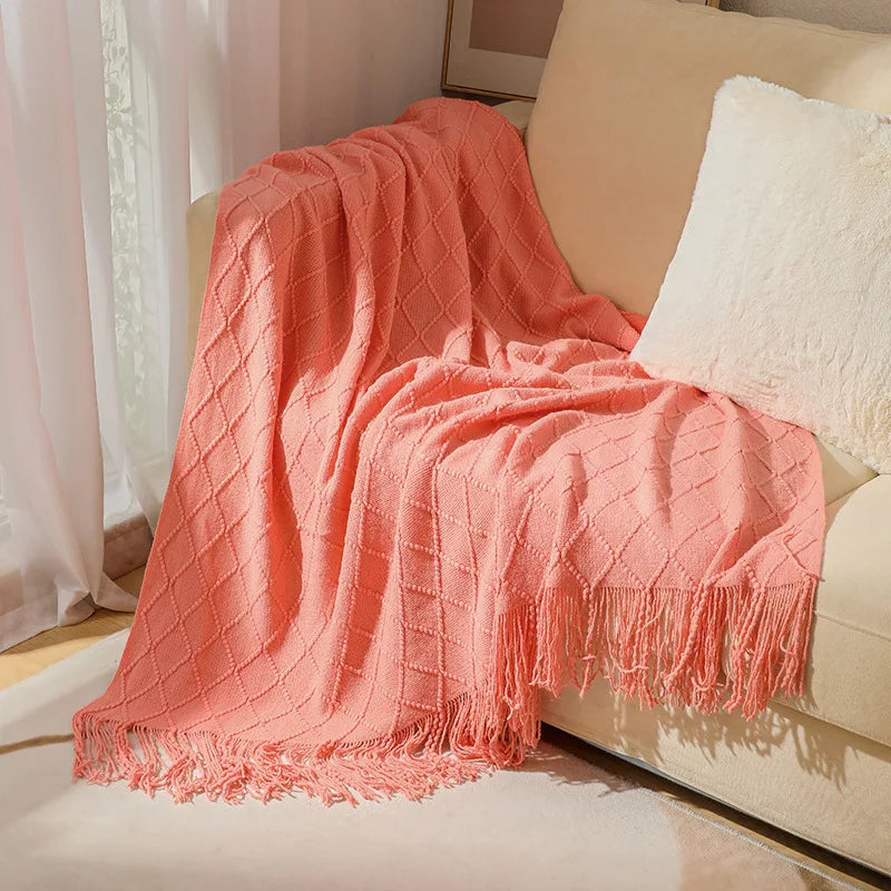 Nordic Textured Knit Tassel Throw Blanket