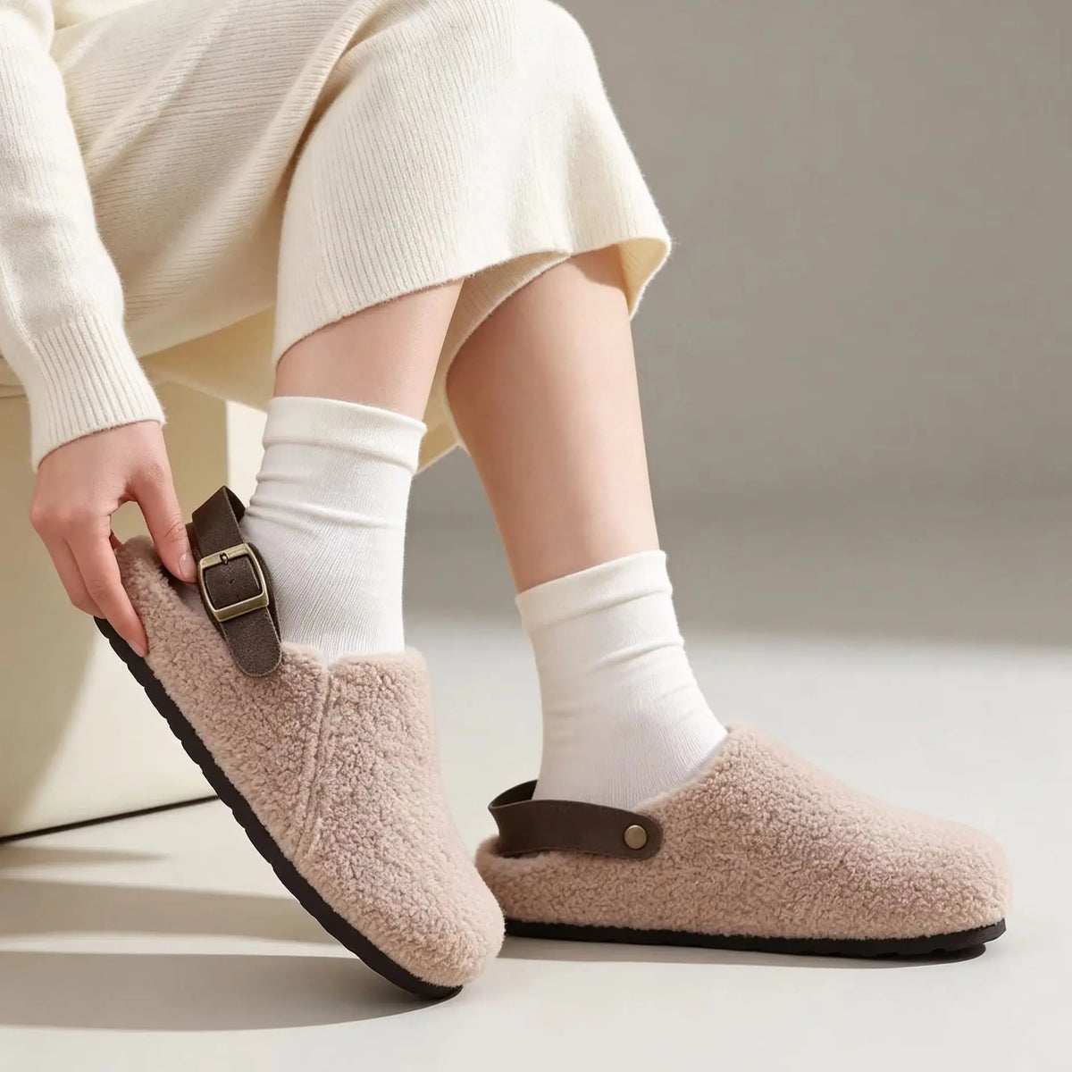 LaVirella Teddy Fleece Buckle Mule Slippers
