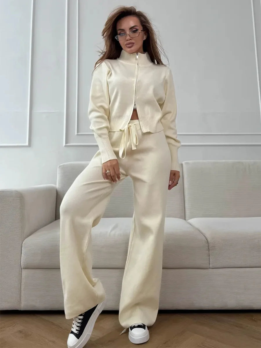 Soft Knit Zip Cardigan & Wide-Leg Pants Set