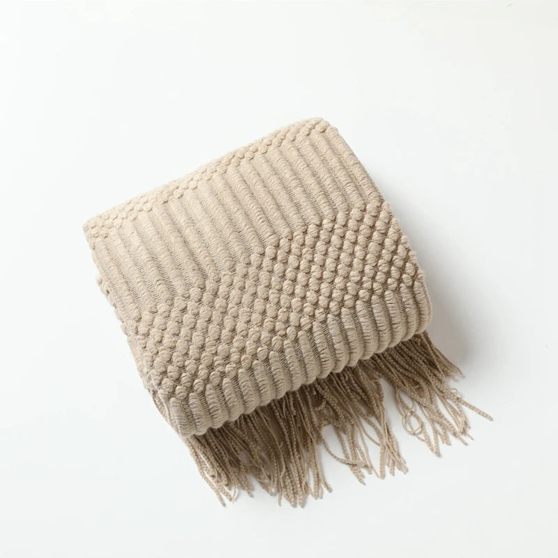 Dark Green Vintage Knit Tassel Throw Blanket