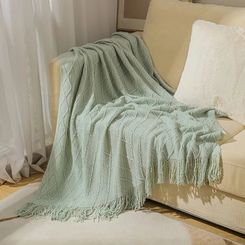 Textured Boho Knit Tassel Throw Blanket