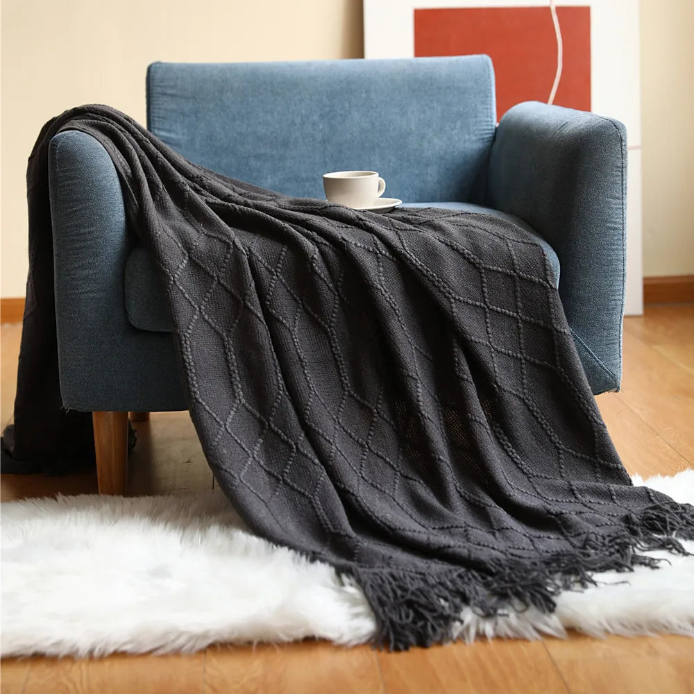 Textured Boho Knit Tassel Throw Blanket