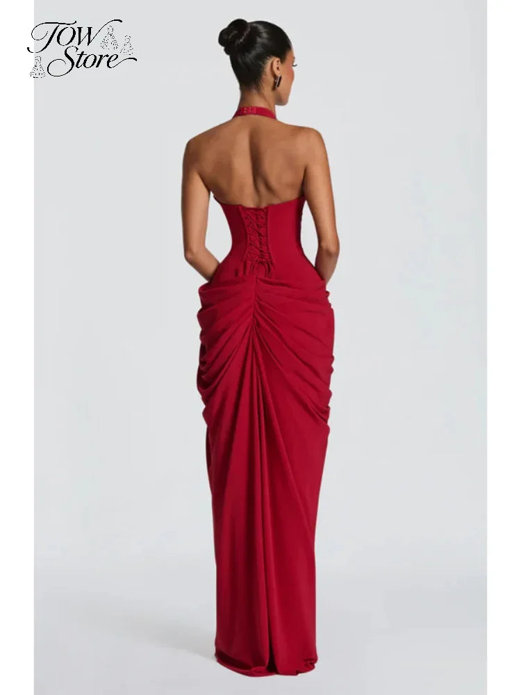 LaVirella Pleated Halter Maxi Dress