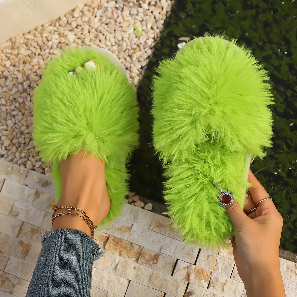 Fluffy Faux Fur Plush Indoor Slide Slippers