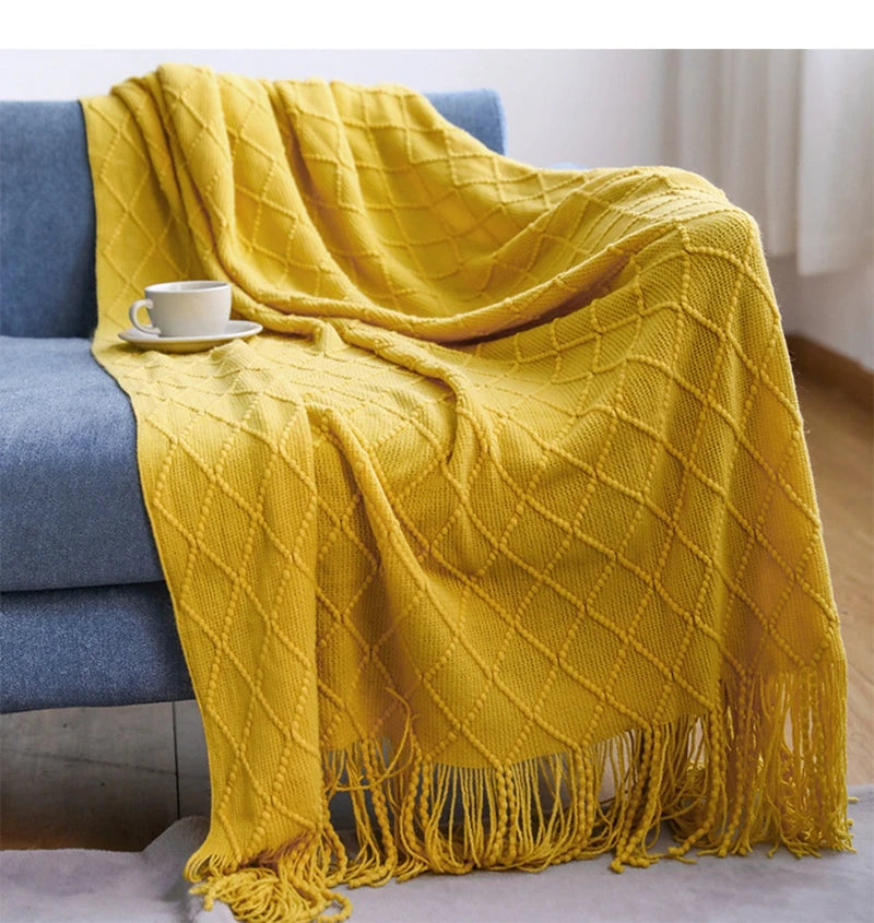 Textured Boho Knit Tassel Throw Blanket