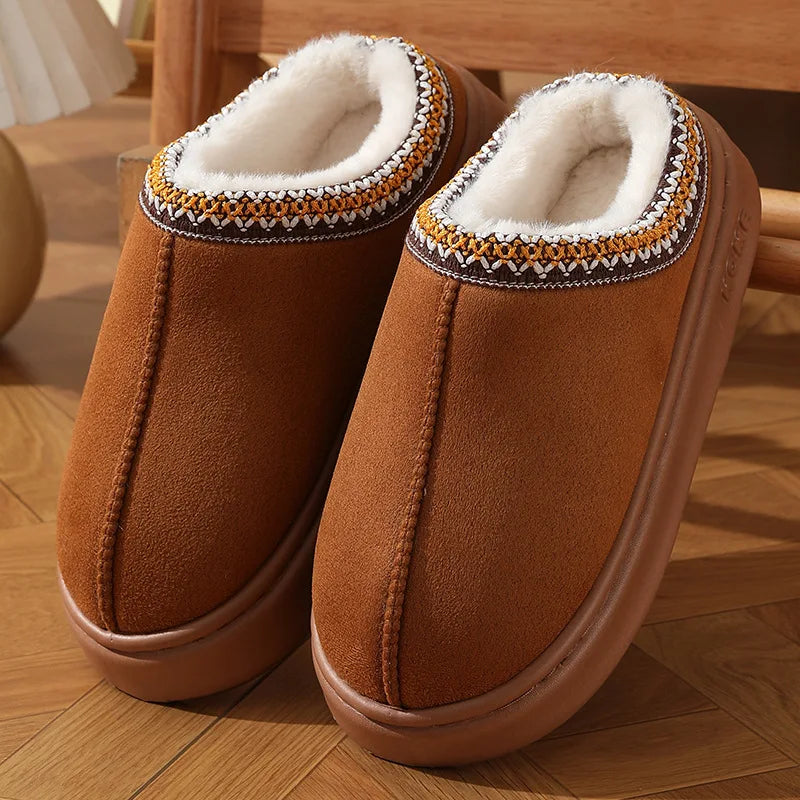 Faux Suede Embroidered Plush Platform Winter Clog Slippers