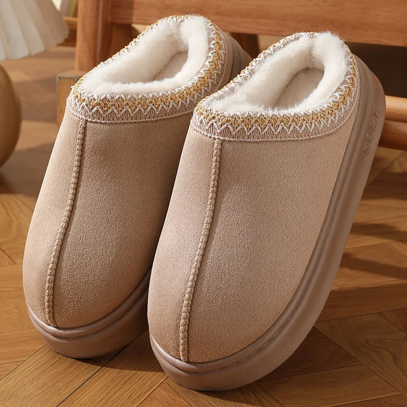Faux Suede Embroidered Plush Platform Winter Clog Slippers