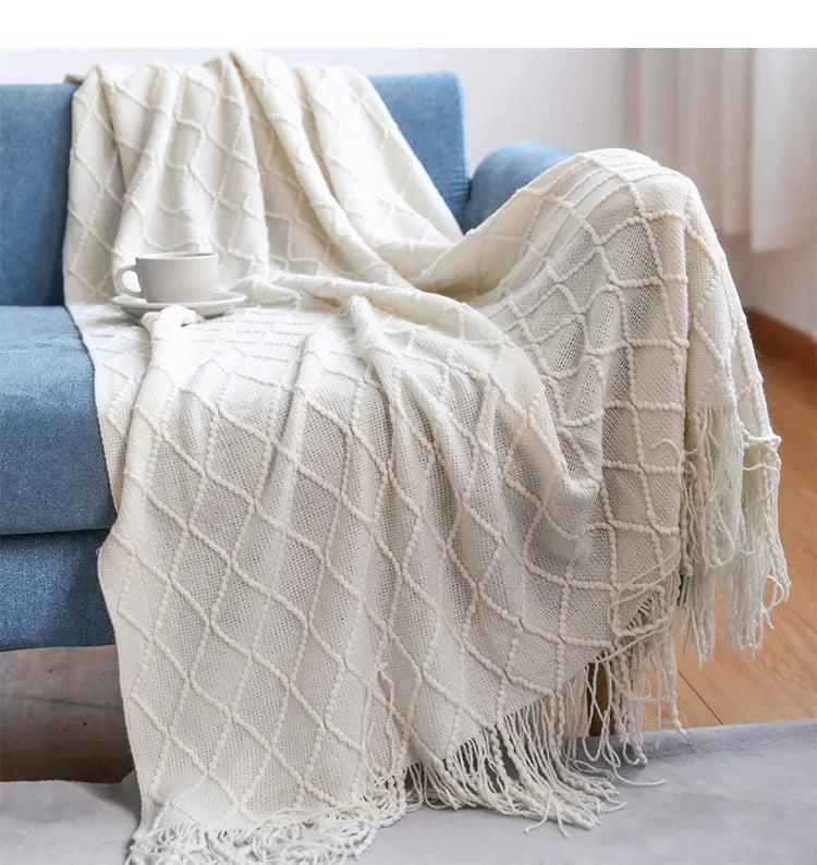 Nordic Textured Knit Tassel Throw Blanket