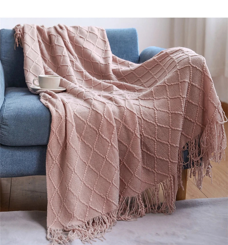 Textured Boho Knit Tassel Throw Blanket