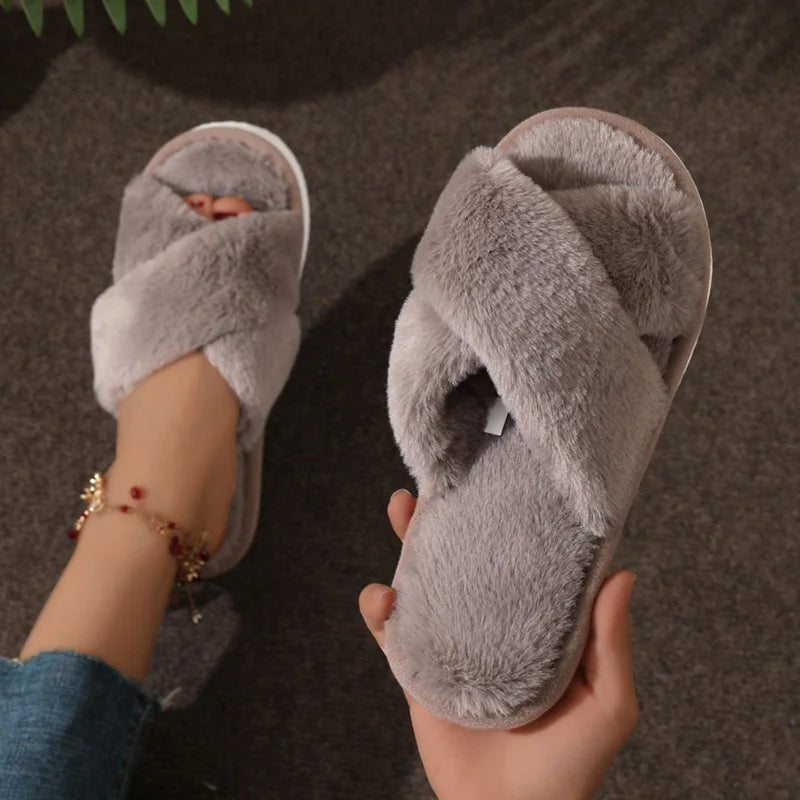 Cross-Strap Faux Fur Slippers