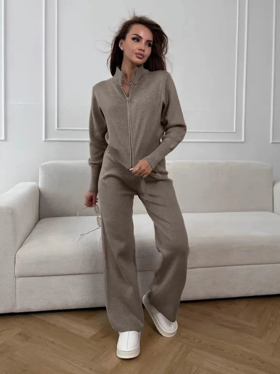 Soft Knit Zip Cardigan & Wide-Leg Pants Set