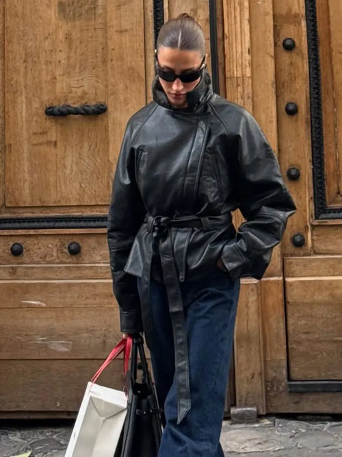 Black Belted Faux Leather Jacket