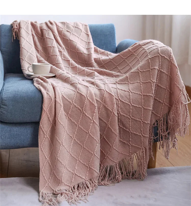 Nordic Textured Knit Tassel Throw Blanket