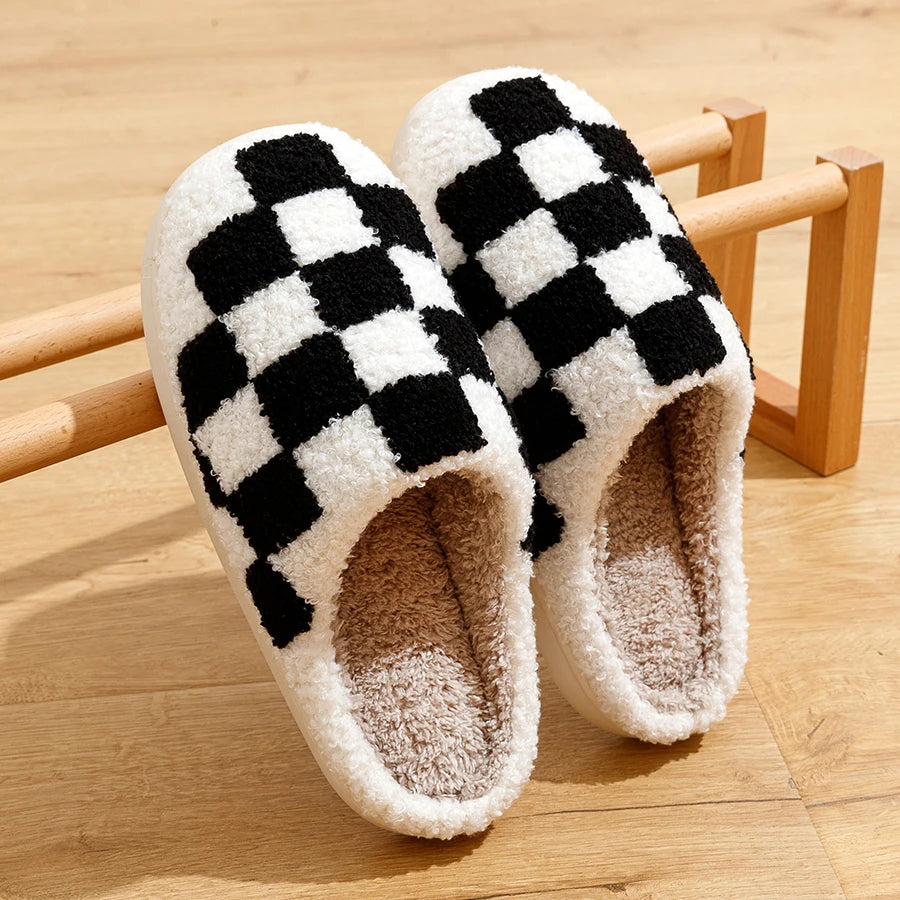 Retro Checkered Fuzzy House Slippers