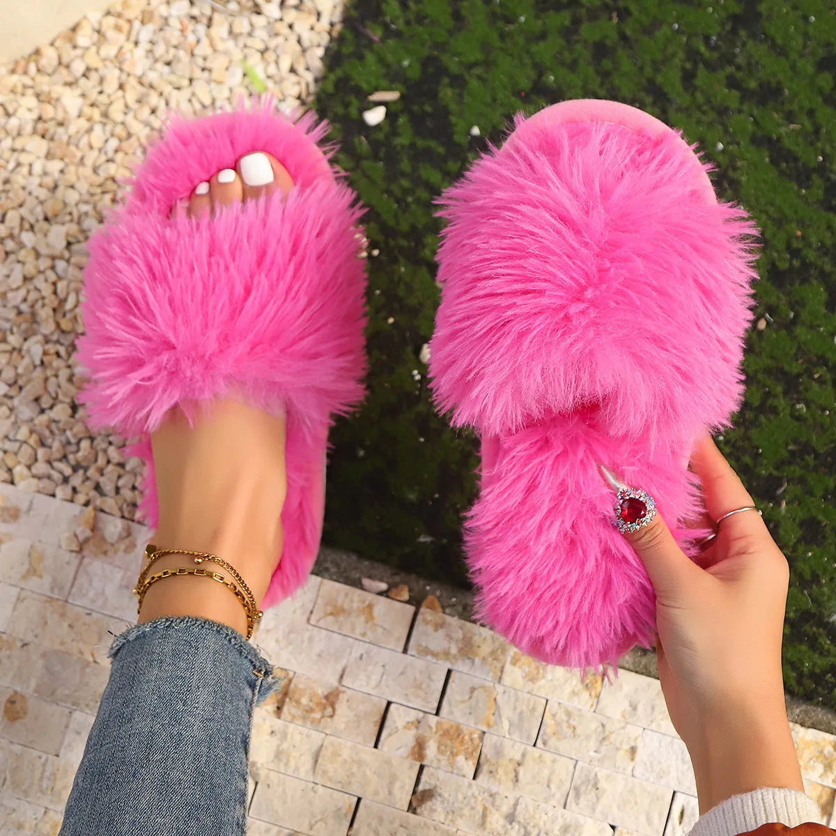 Fluffy Faux Fur Plush Indoor Slide Slippers