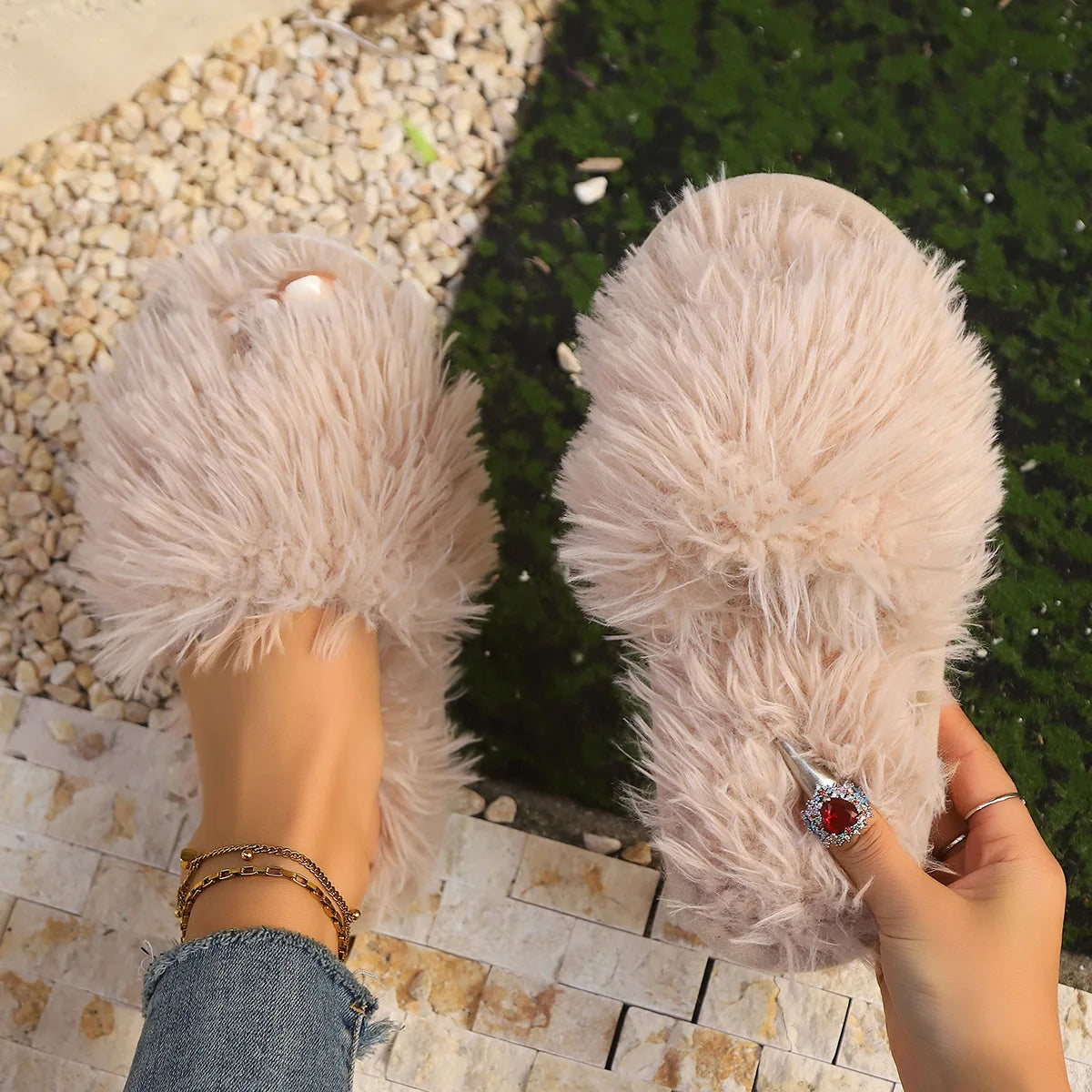 Fluffy Faux Fur Plush Indoor Slide Slippers