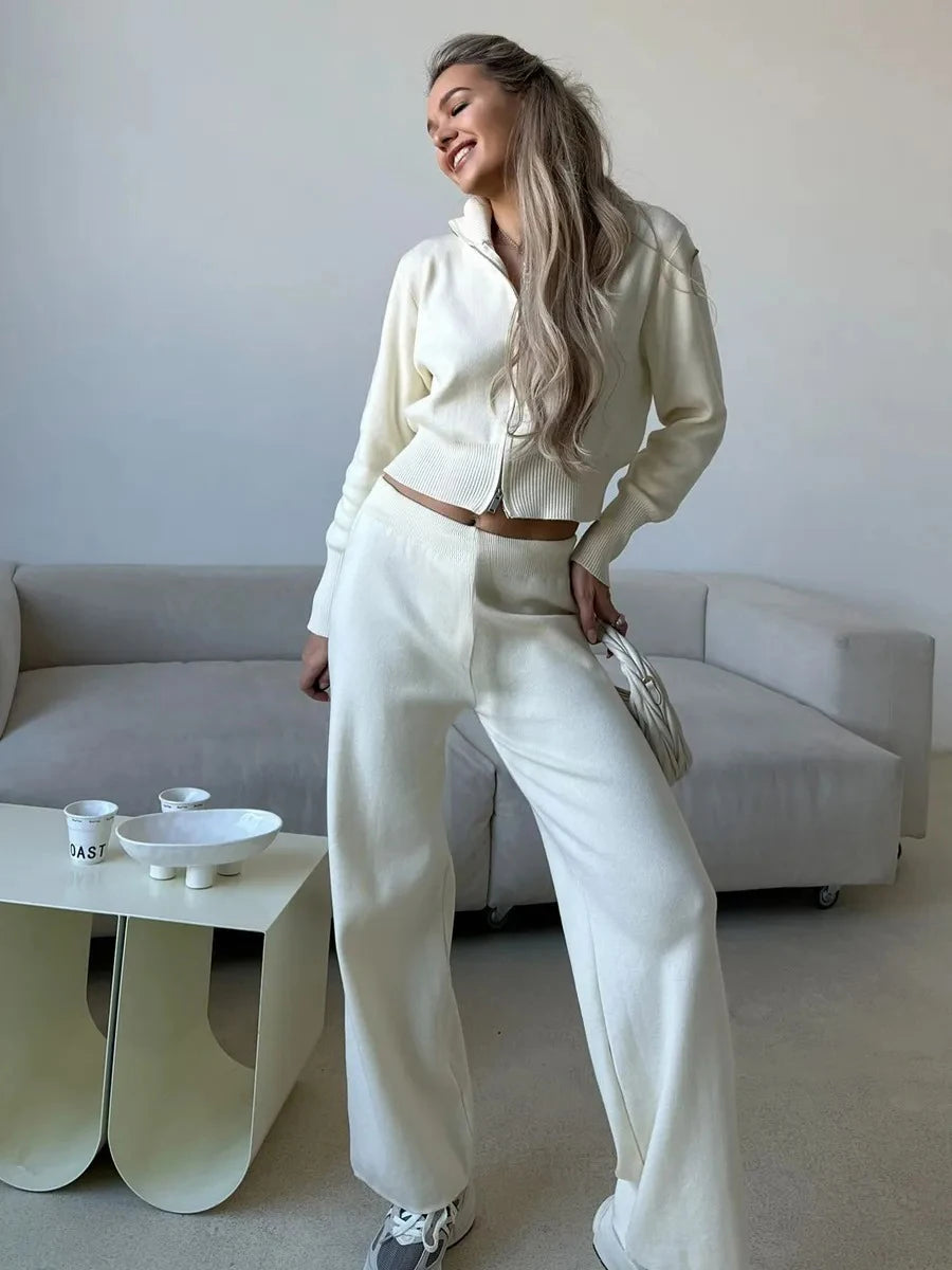 Soft Knit Zip Cardigan & Wide-Leg Pants Set