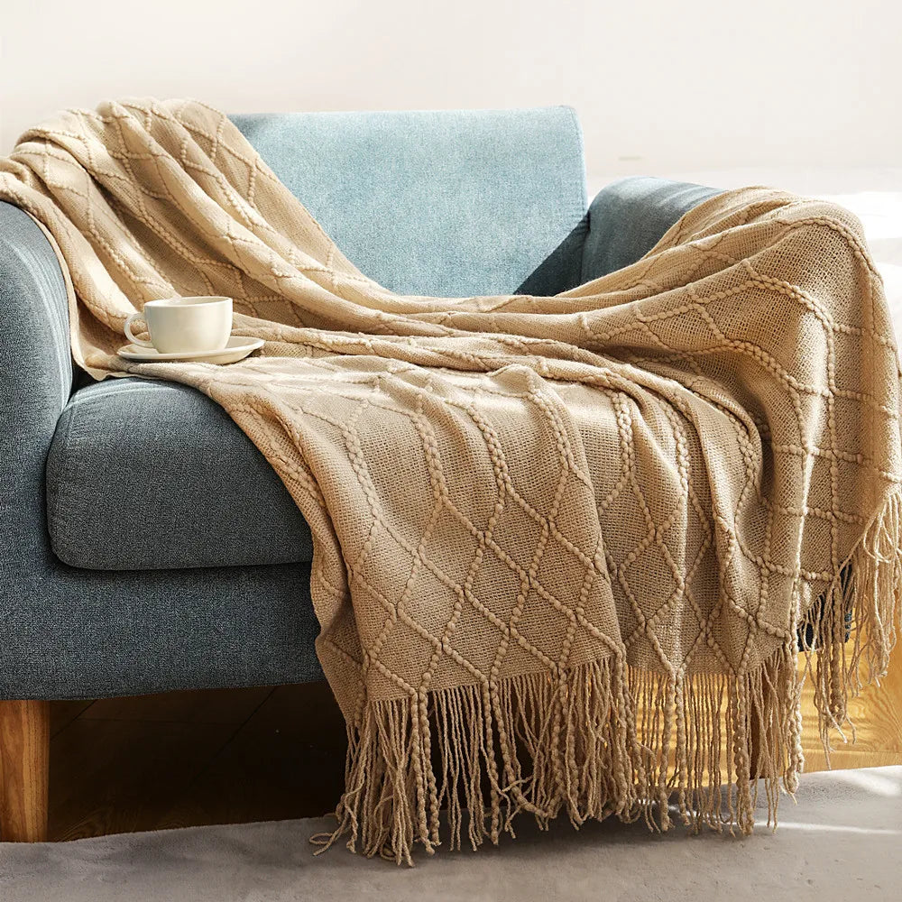 Textured Boho Knit Tassel Throw Blanket
