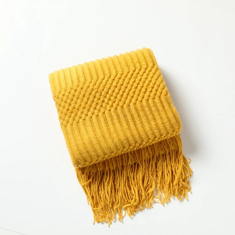 Dark Green Vintage Knit Tassel Throw Blanket