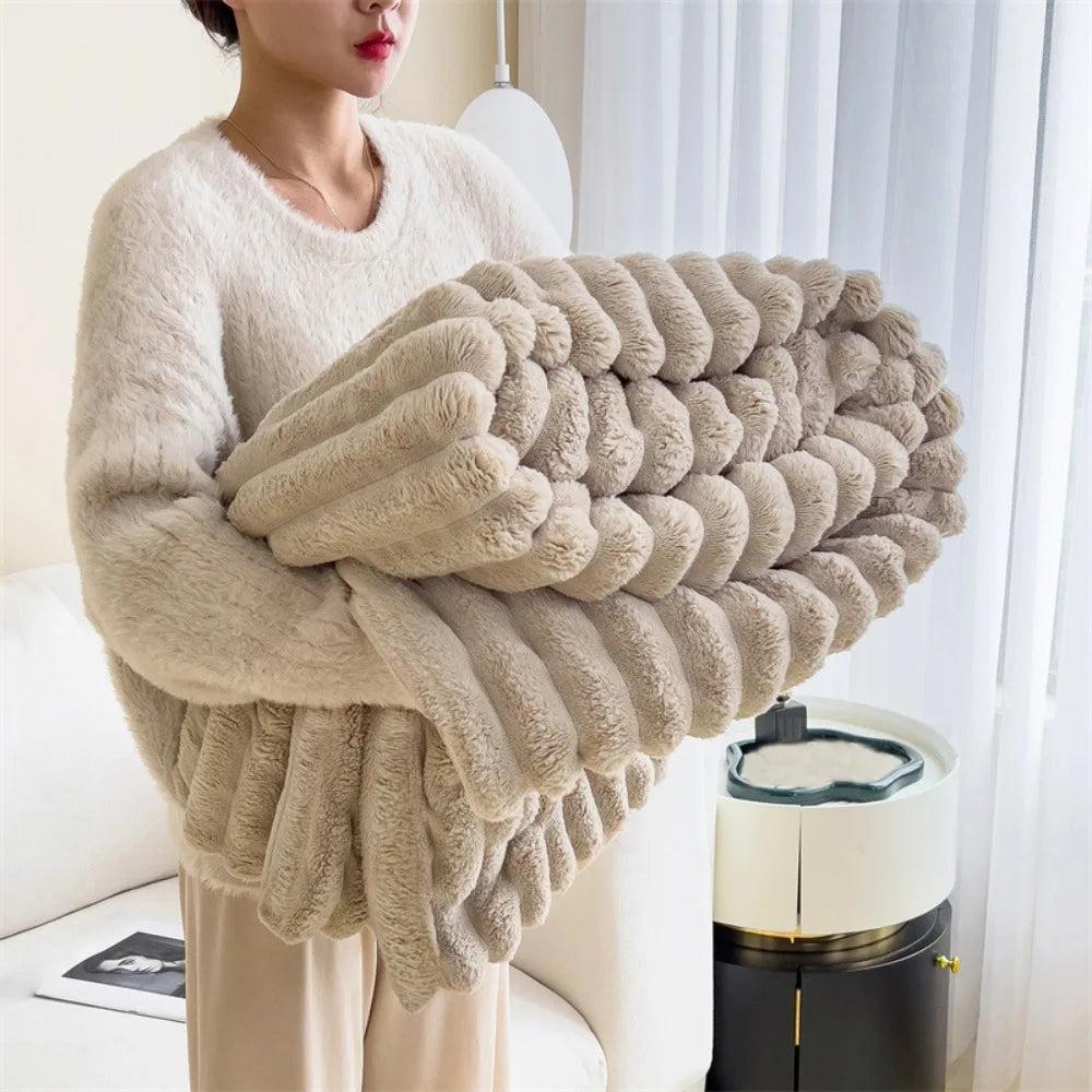 Double-Sided Plush Striped Throw Blanket