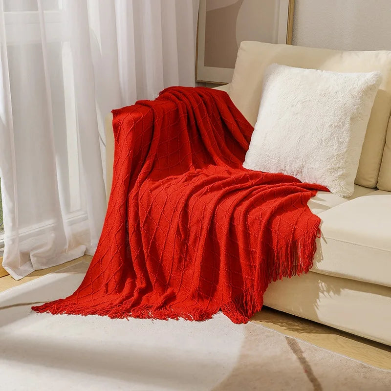 Nordic Textured Knit Tassel Throw Blanket