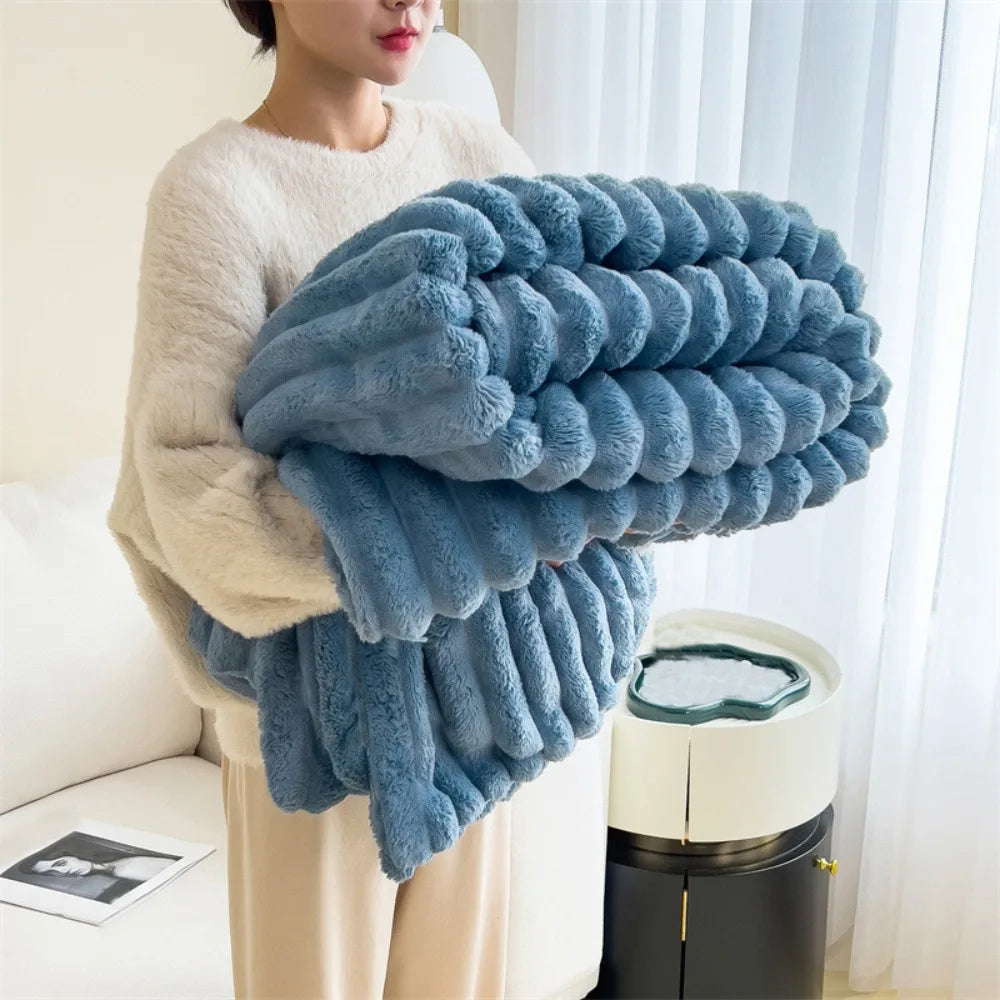 Double-Sided Plush Striped Throw Blanket