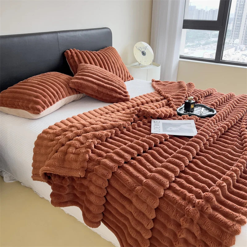 Thickened Wide Stripe Coral Fleece Blanket
