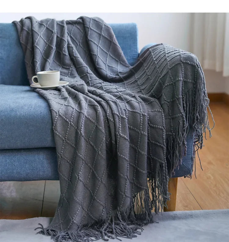 Nordic Textured Knit Tassel Throw Blanket