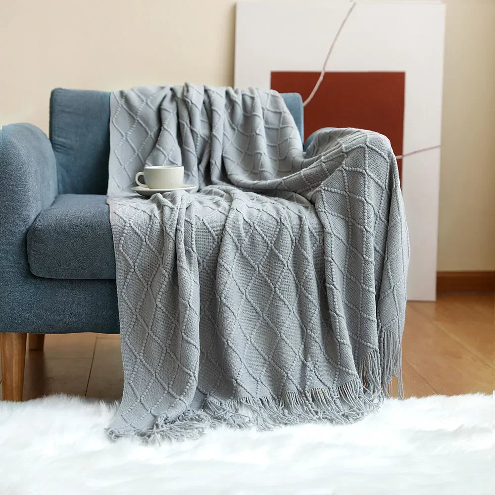 Nordic Textured Knit Tassel Throw Blanket