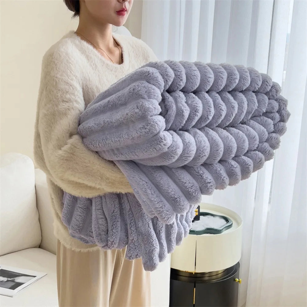 Double-Sided Plush Striped Throw Blanket