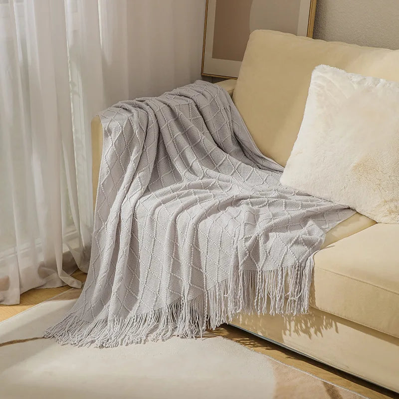 Dark Green Vintage Knit Tassel Throw Blanket