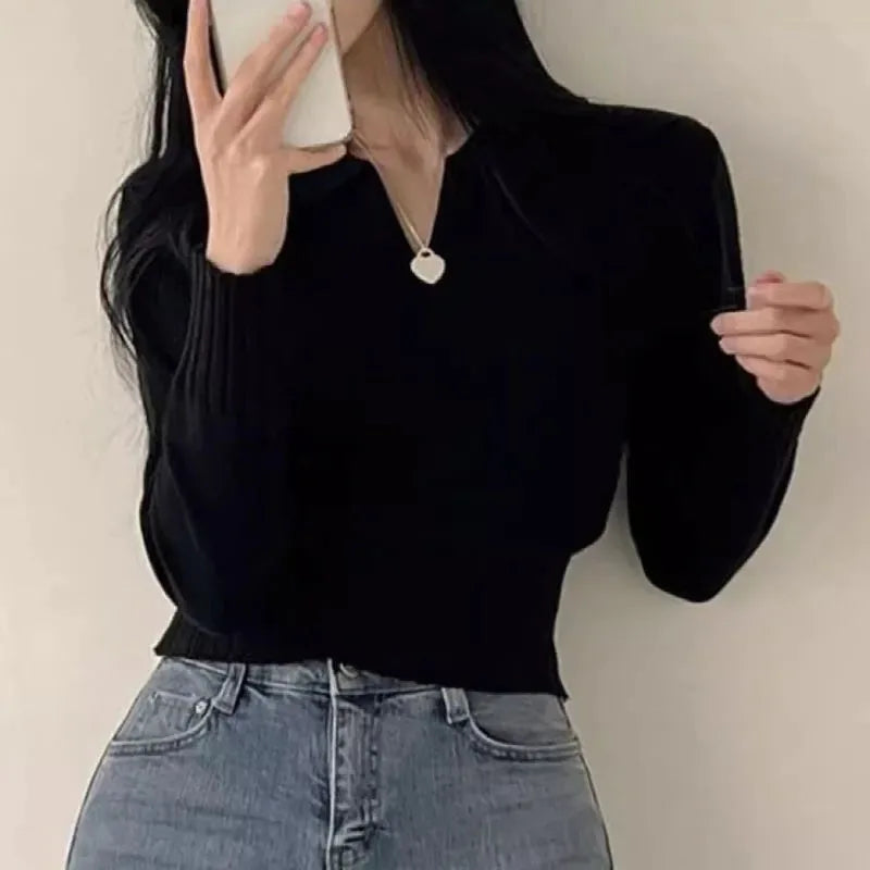 Collared Cropped Knit Sweater