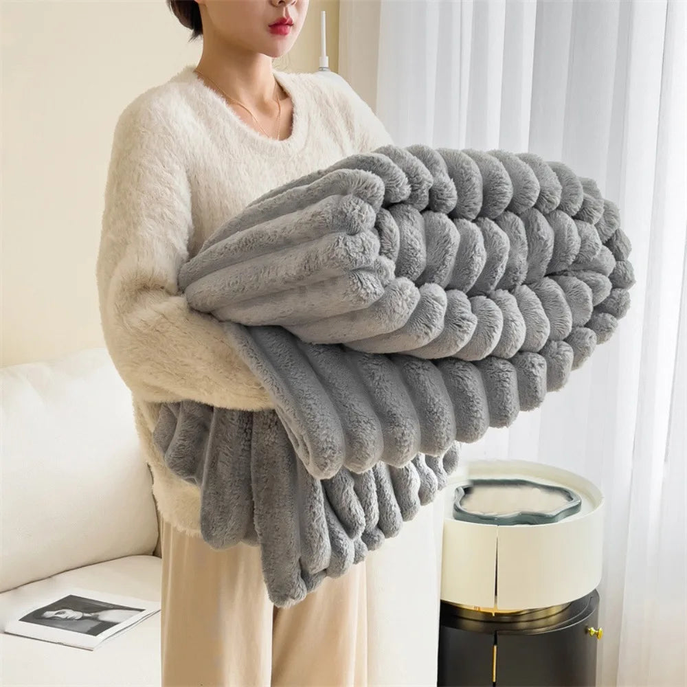 Double-Sided Plush Striped Throw Blanket