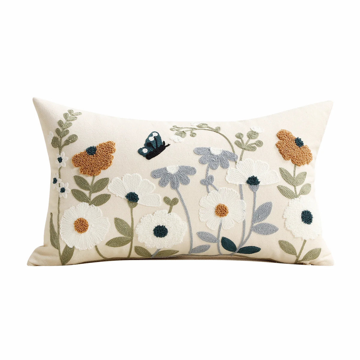 Floral Embroidered Decorative Throw Pillow Cover 12x20"