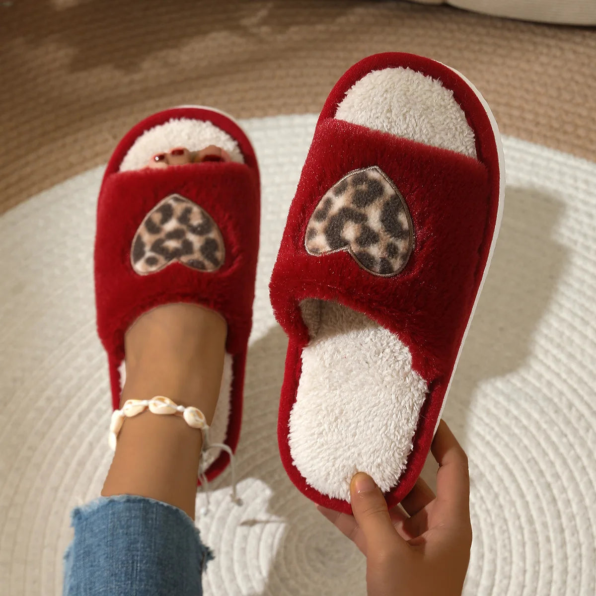Leopard Heart Plush Slides