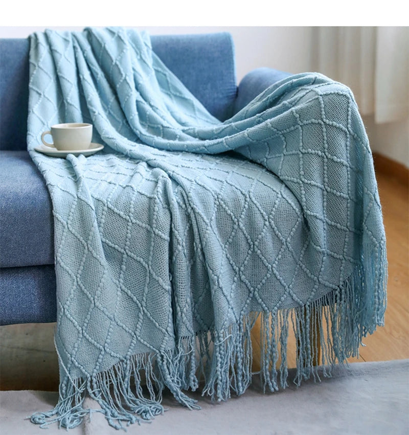Textured Boho Knit Tassel Throw Blanket