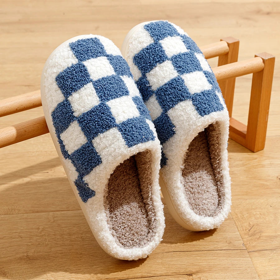 Retro Checkered Fuzzy House Slippers
