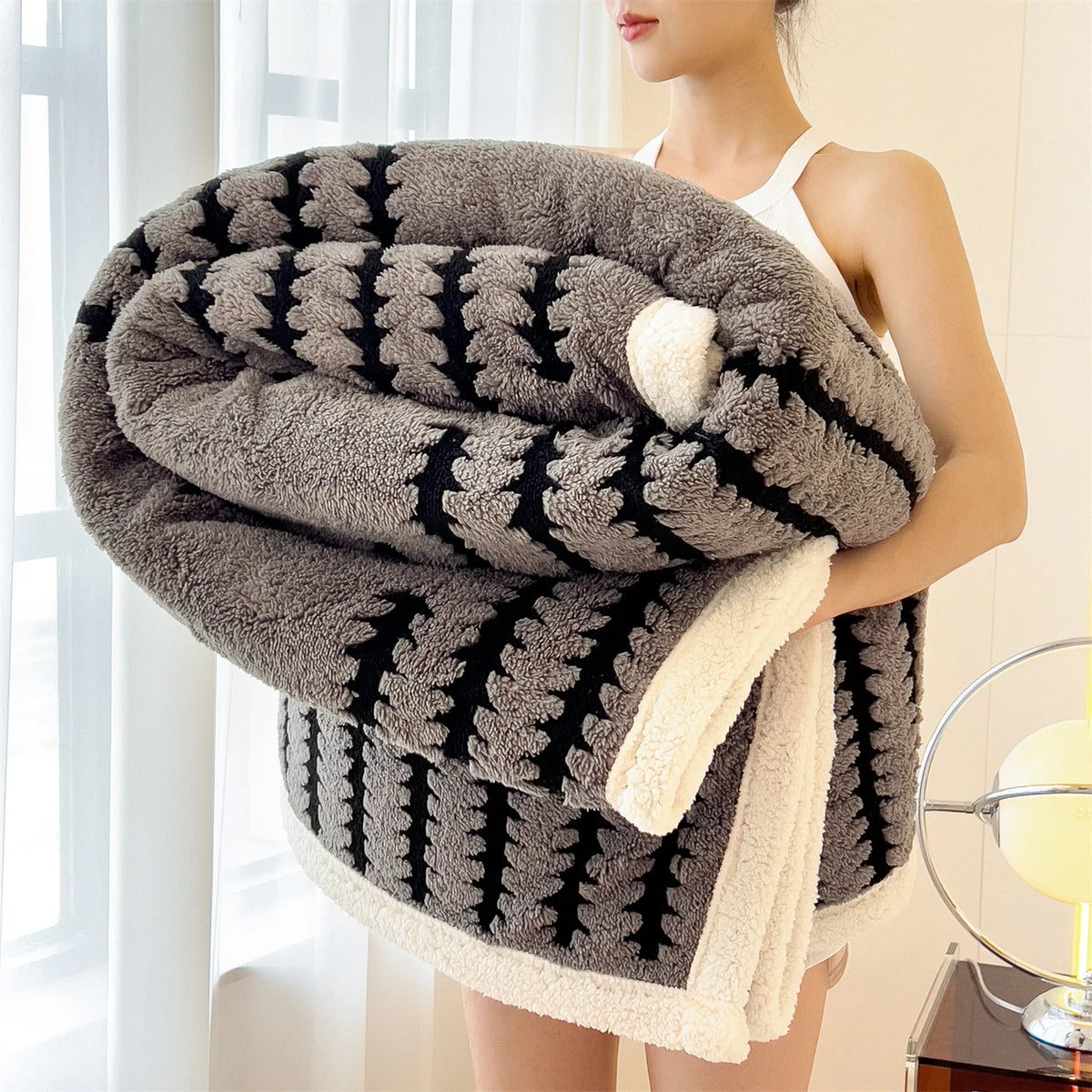 Fluffy Geometric Stripe Fleece Blanket
