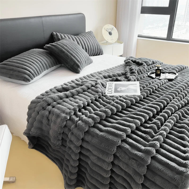 Thickened Wide Stripe Coral Fleece Blanket