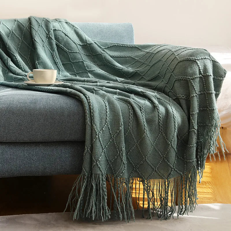 Dark Green Vintage Knit Tassel Throw Blanket