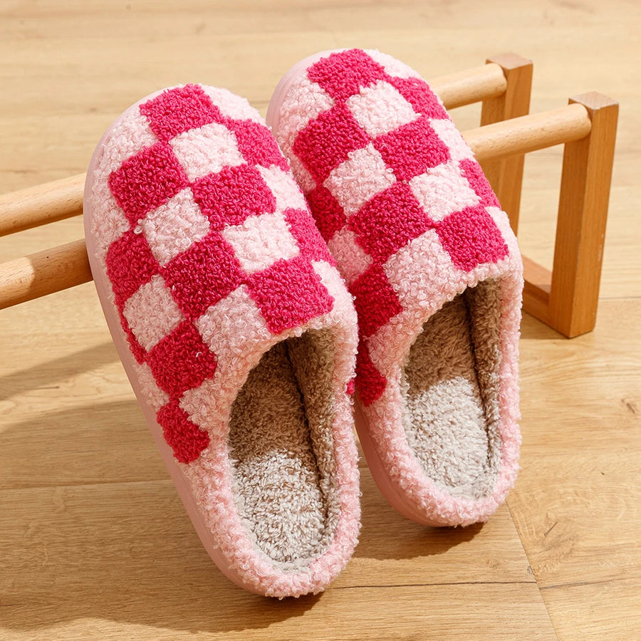 Retro Checkered Fuzzy House Slippers